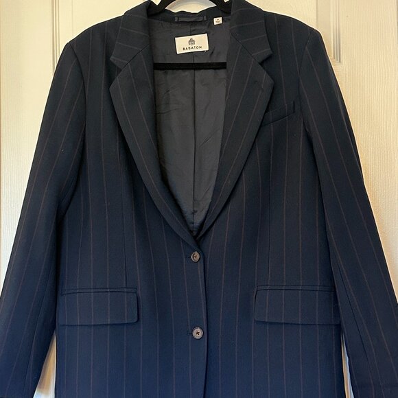 Aritzia Babaton Long Blazer – Navy Blue with Burgundy Stripes, Size Medium - Picture 1 of 2